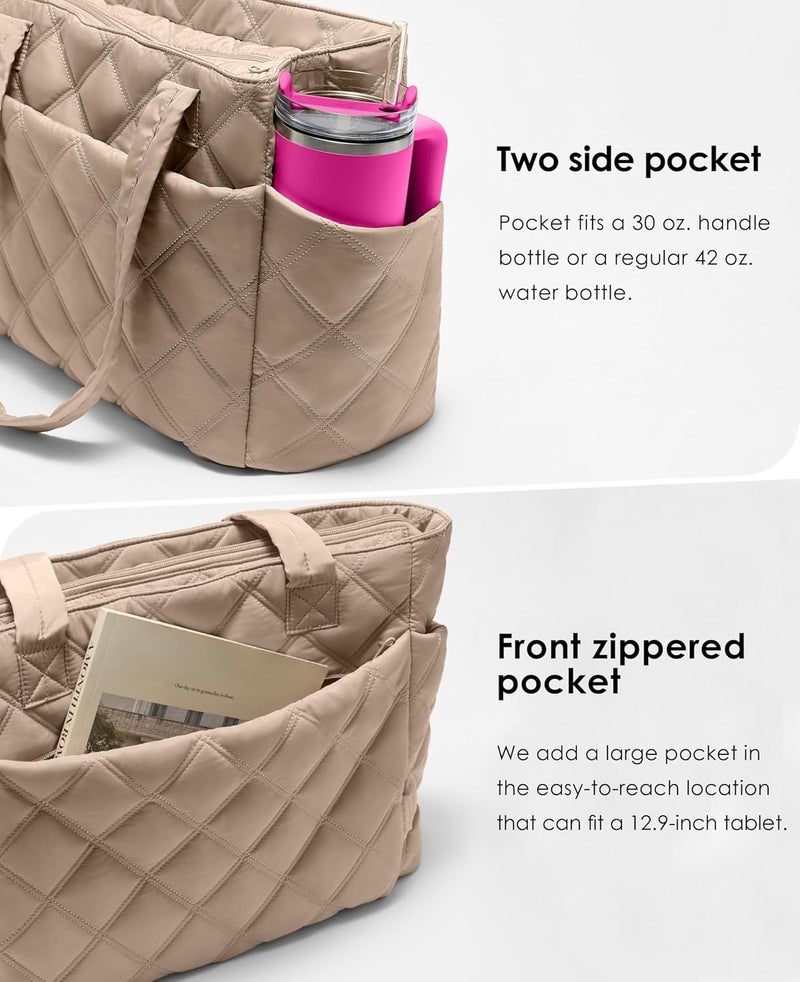 Uselike Tote Bag for Women, Lightweight Puffer Tote Work Bags with Compartments for Travel, Quilted Shoulder Bag with Zipper - Image 3